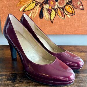 Tahari Cherry Red Carol Patent Leather Pumps w Gold Heel Inlay